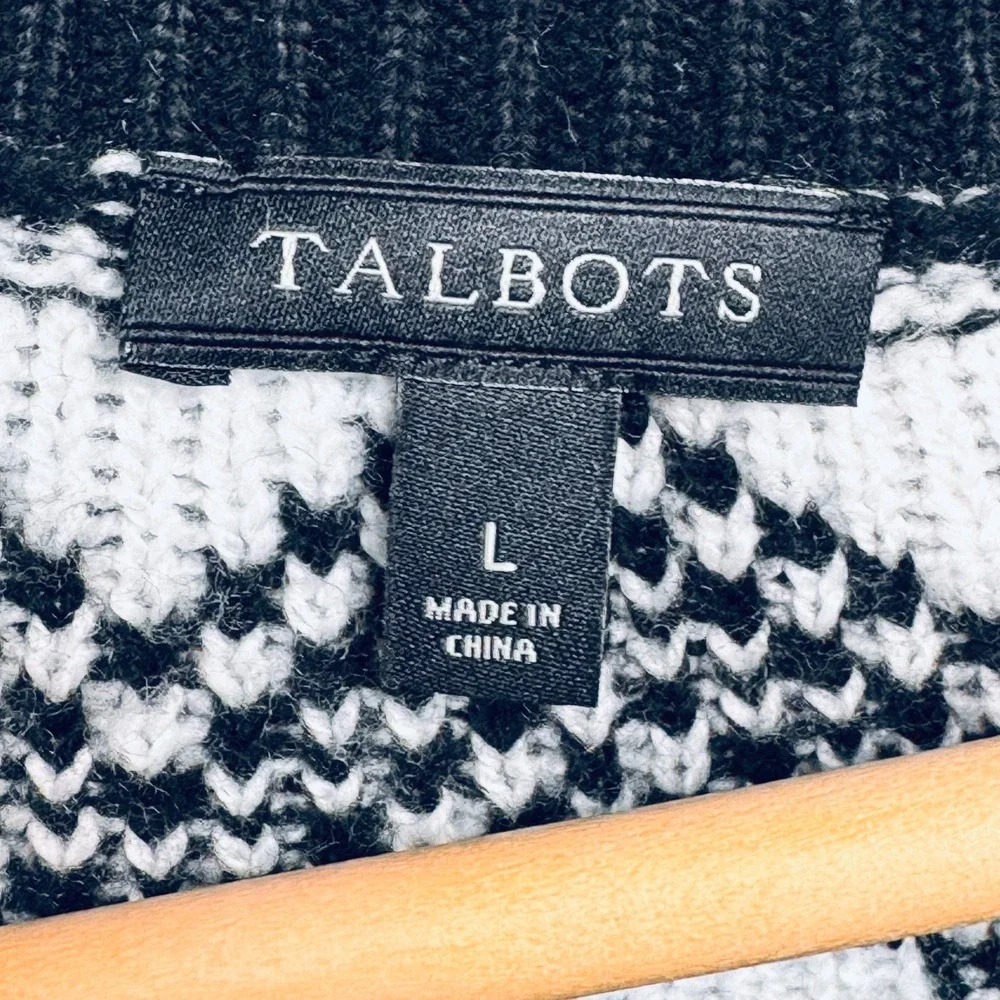 Talbots Cardigan Sweater Womens Large Black White Fair Isle Nordic Button Front‎